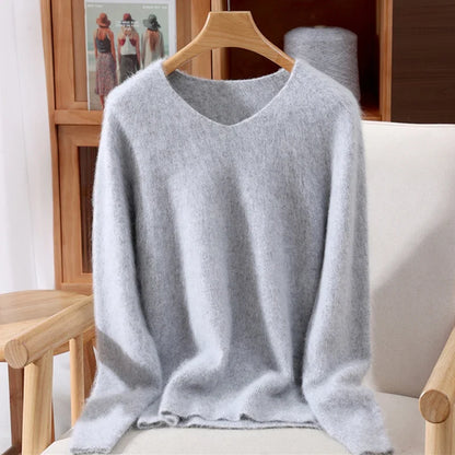 Jersey de cuello en V para mujer, suave, texturizado y de color liso