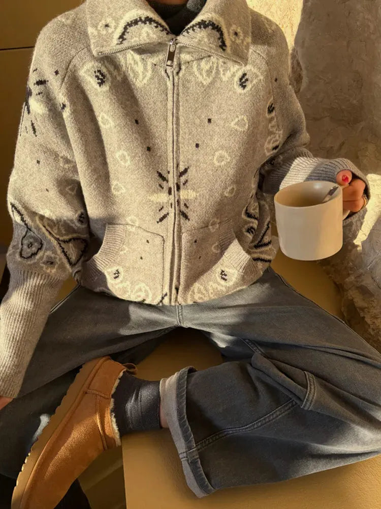 Gilet en maille pour femme avec fermeture éclair et motif bandana, col montant