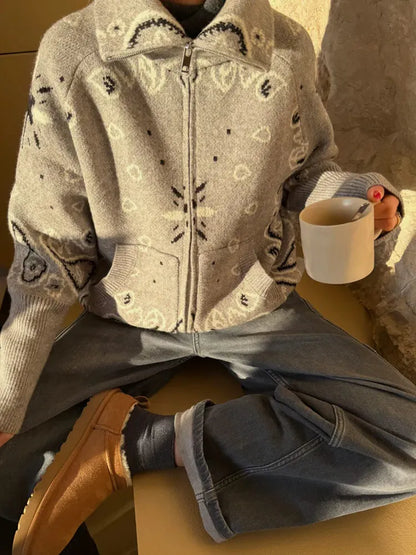 Gilet en maille pour femme avec fermeture éclair et motif bandana, col montant