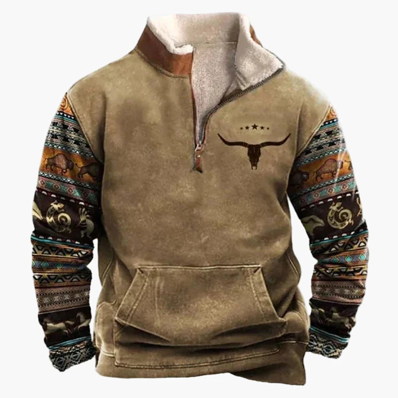 Herren Pullover im Western Ethno-Stil mit Viertelreißverschluss – Perfekt für Freizeit und Outdoor