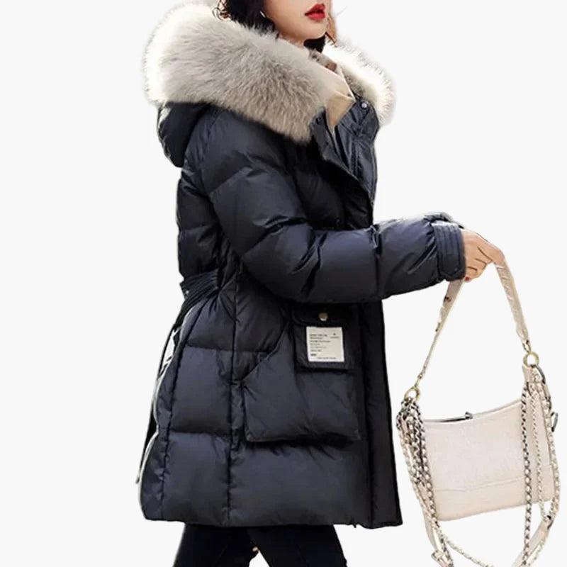 Giacca invernale da donna effetto piumino con cappuccio e collo in pelliccia – parka elegante e caldo per tutti i giorni e tempo libero