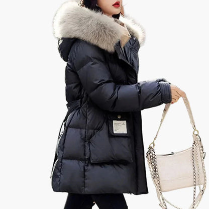 Giacca invernale da donna effetto piumino con cappuccio e collo in pelliccia – parka elegante e caldo per tutti i giorni e tempo libero