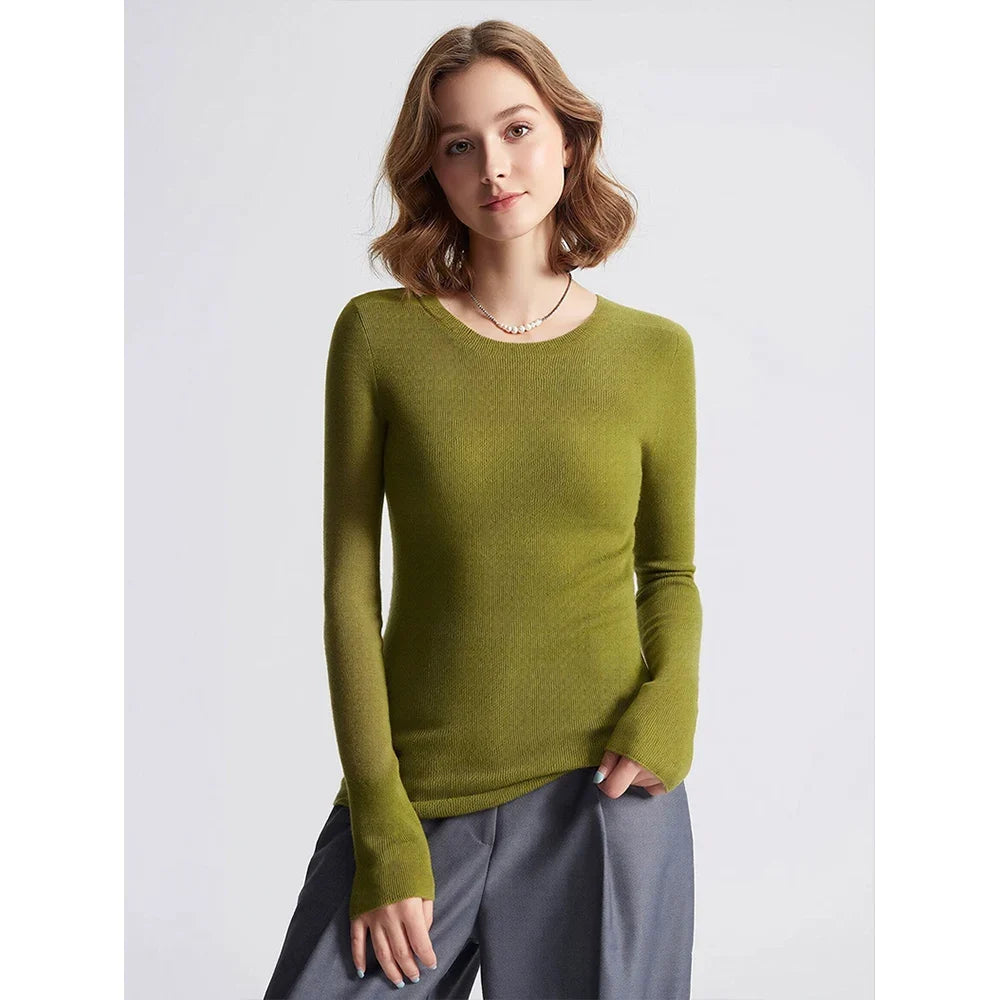 Damen Langarm Pullover Rundhals Rippstrick Optik Slim Fit