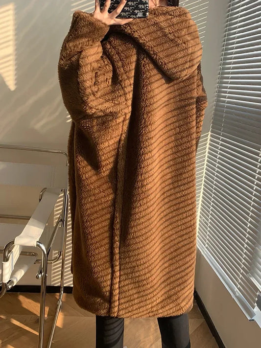 Manteau teddy long pour femme à capuche, doux, marron