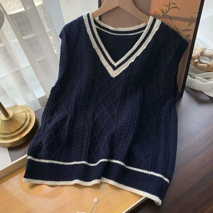 Strickpullunder Damen V-Ausschnitt Zopfmuster College-Stil