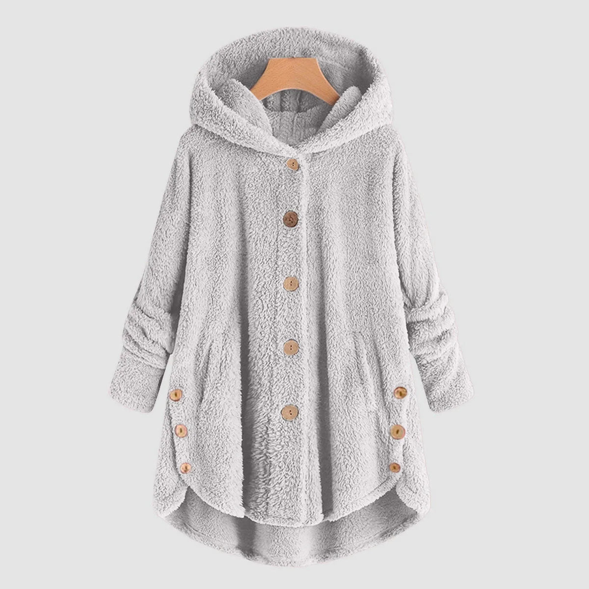 Cappotto donna oversize con cappuccio in teddy fleece, bottoni in legno e bordo alto