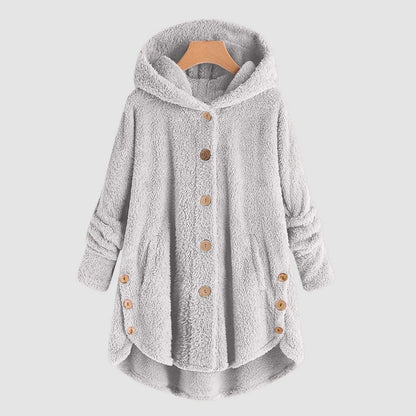 Cappotto donna oversize con cappuccio in teddy fleece, bottoni in legno e bordo alto