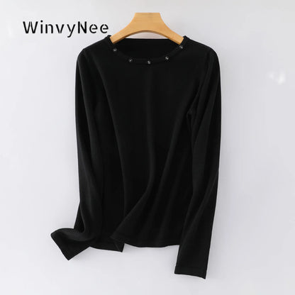 Damen Langarmshirt Rundhals mit Zierknöpfen