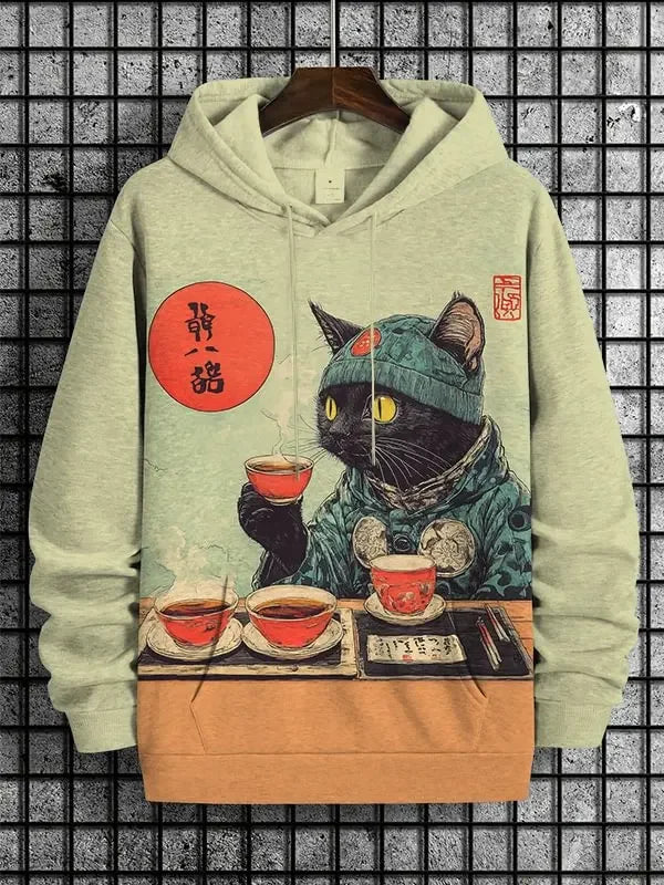 Unisex Kapuzenpullover mit Katzen-Motiv Print Kängurutasche