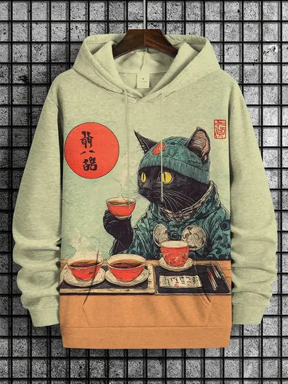 Unisex Kapuzenpullover mit Katzen-Motiv Print Kängurutasche
