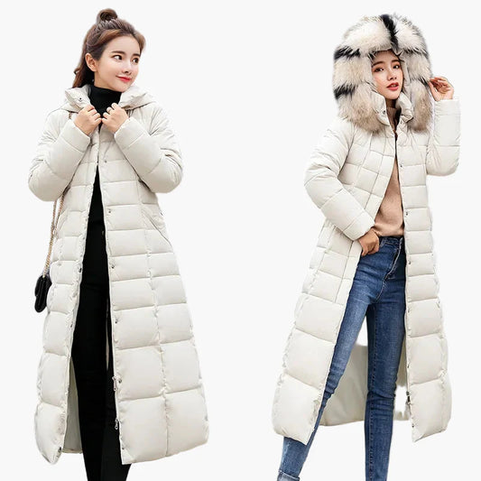 Dam vinter quiltad kappa med huva och pälskrage – Elegant lång kappa i koreansk stil för vardag & fritid