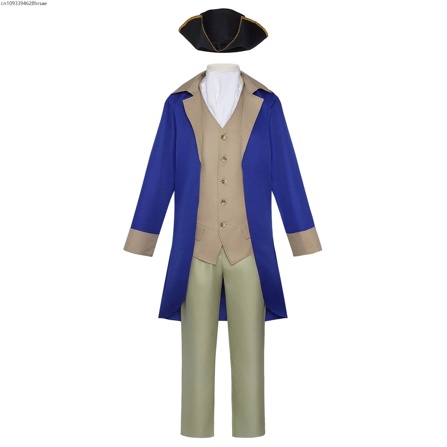 Herren Historisches Kostüm Set Blau Beige Mantel Weste Hose Hut