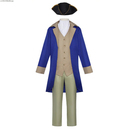Herren Historisches Kostüm Set Blau Beige Mantel Weste Hose Hut