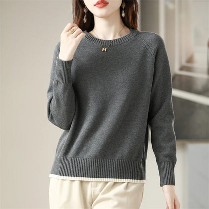 Damen Rundhals Strickpullover Langarm Feinstrick Hellblau