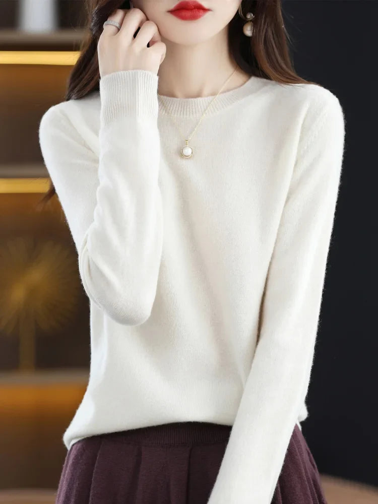 Damen Pullover Rundhals Langarm Strickpullover Einfarbig