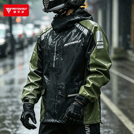 Vandtæt og reflekterende motorcykel-regnsæt med hætte – jakke og bukser