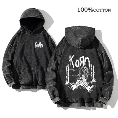 Unisex Kapuzenpullover Grau mit Band-Print & Kängurutasche