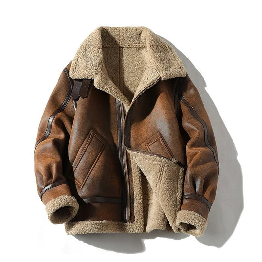 Braune Fliegerjacke mit Plüschfutter und Kragen für Herren