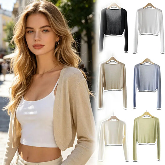 Boléro court pour femme, manches longues, petite veste ouverte en maille fine