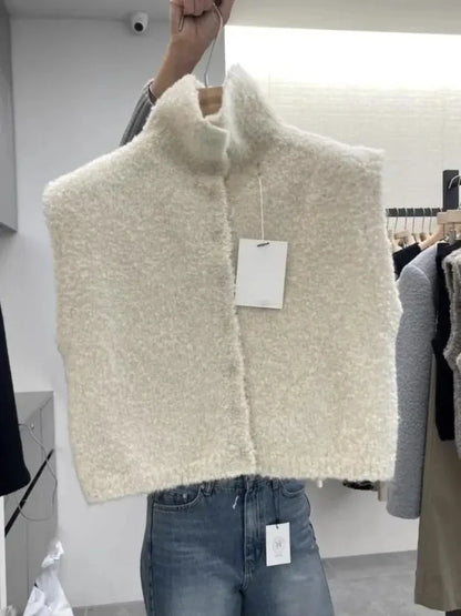 Damen Bouclé Strickweste hochgeschlossen ärmellos Knopfleiste