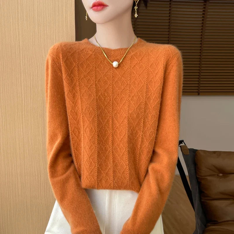 Damen Strickpullover Rundhals mit Rautenmuster Langarm