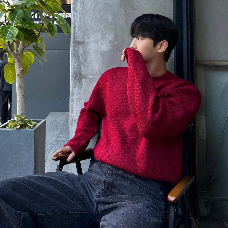 Herren Rundhals-Pullover aus Strickware, Rot oder Hellgrau