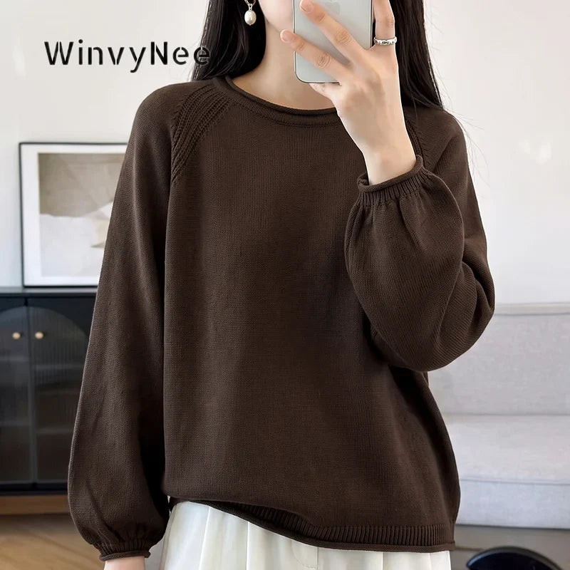 Damen Pullover Rundhalsausschnitt Langarm Strickpullover