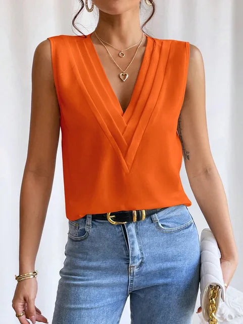 Blusa elegante senza maniche da donna con design a pieghe per ufficio e tutti i giorni