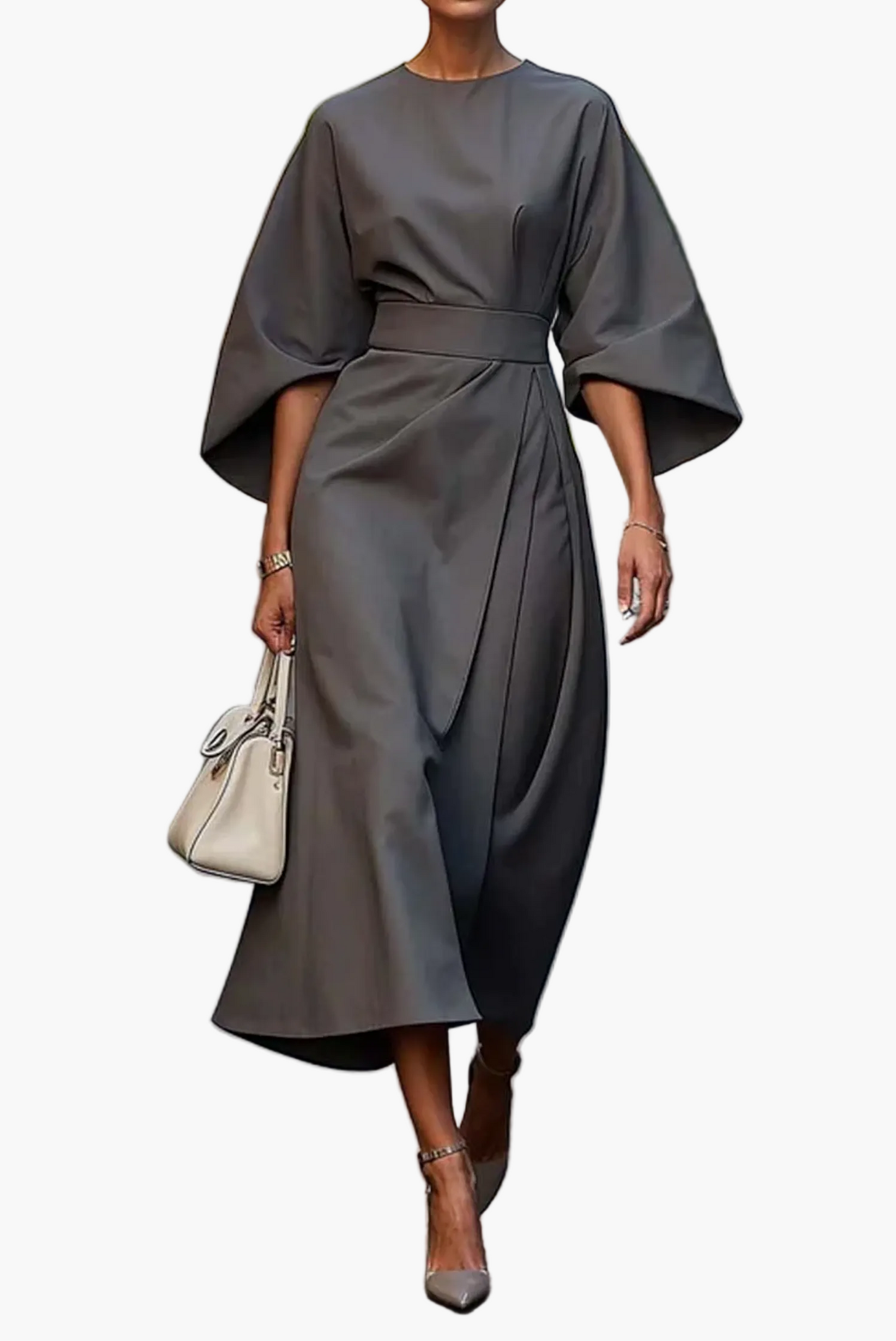 Damen Midi-Kleid mit Gürtel und eleganten Laternenärmeln – Stilvolles Business- & Anlasskleid