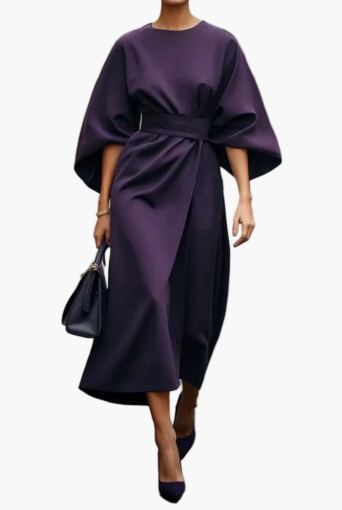 Damen Midi-Kleid mit Gürtel und eleganten Laternenärmeln – Stilvolles Business- & Anlasskleid