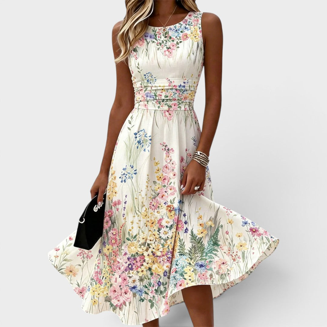 Kimberly | Mouwloze midi-jurk met bloemenprint en ronde hals voor dames