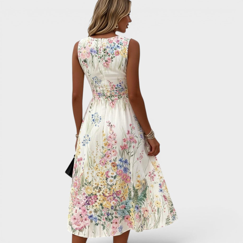 Kimberly | Mouwloze midi-jurk met bloemenprint en ronde hals voor dames