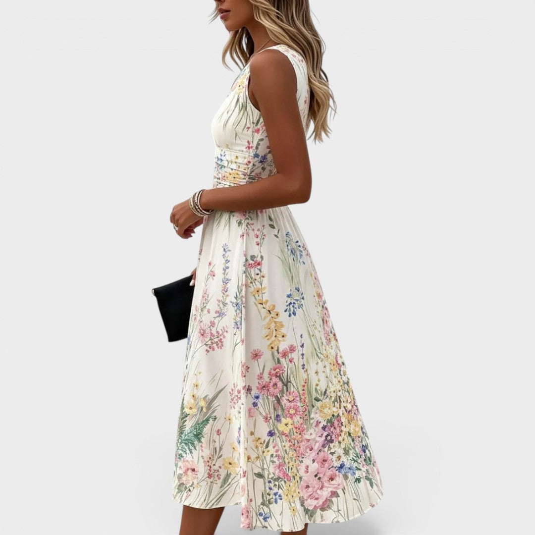 Kimberly | Mouwloze midi-jurk met bloemenprint en ronde hals voor dames