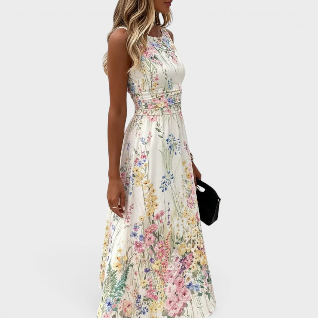 Kimberly | Mouwloze midi-jurk met bloemenprint en ronde hals voor dames