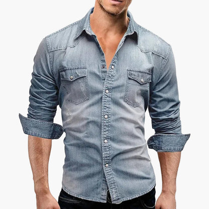 Herre jeansskjorte slim fit fritid moderne – Stilfuld denimskjorte til hverdag og kontor