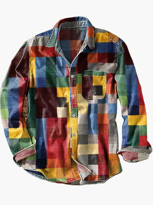 Heren vrijetijdshemd in patchwork-design – Modieus overhemd met lange mouwen voor dagelijks gebruik en speciale gelegenheden