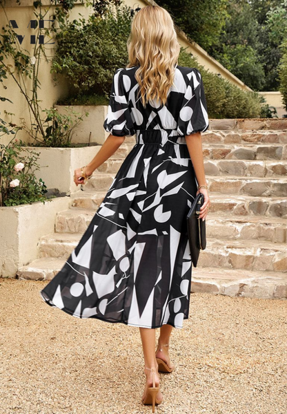 Abito midi da donna con stampa floreale e maniche a sbuffo – Abito casual elegante per occasioni speciali