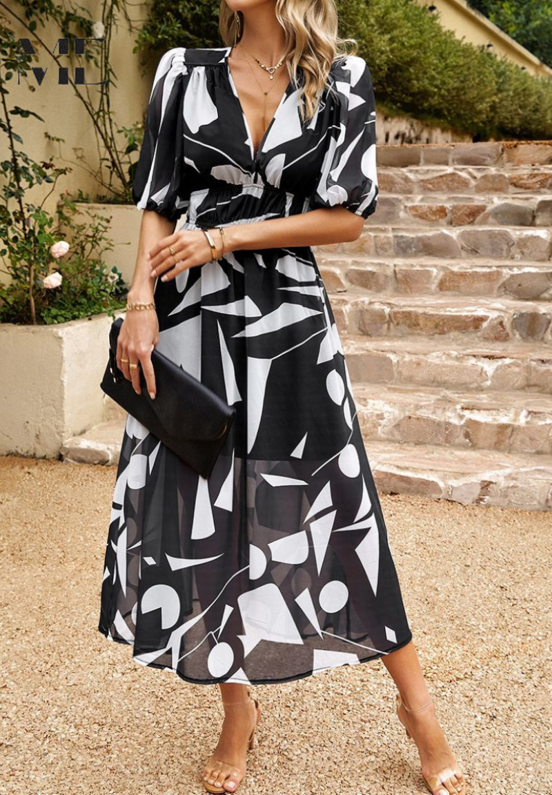 Abito midi da donna con stampa floreale e maniche a sbuffo – Abito casual elegante per occasioni speciali