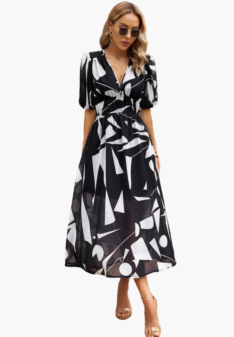 Abito midi da donna con stampa floreale e maniche a sbuffo – Abito casual elegante per occasioni speciali