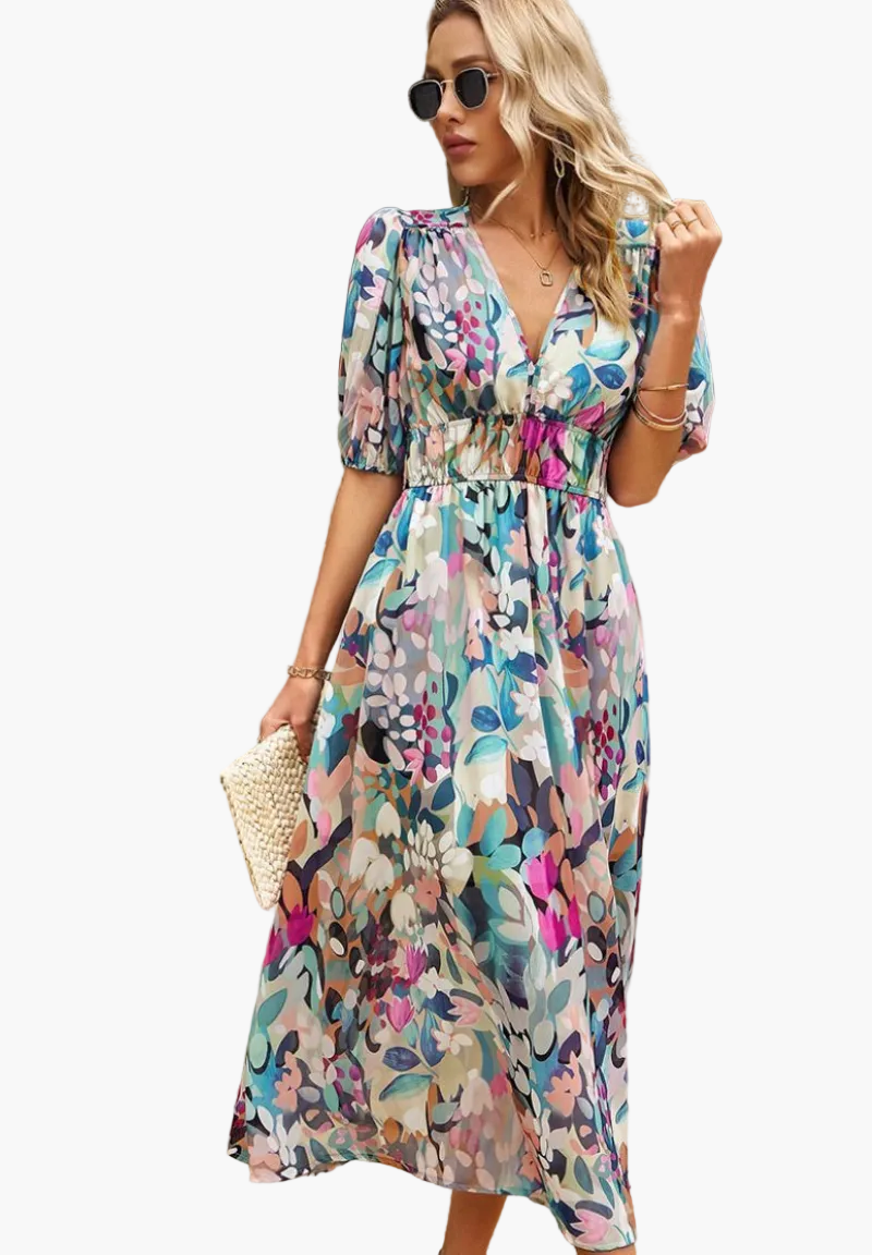 Abito midi da donna con stampa floreale e maniche a sbuffo – Abito casual elegante per occasioni speciali
