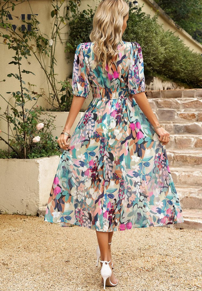 Abito midi da donna con stampa floreale e maniche a sbuffo – Abito casual elegante per occasioni speciali