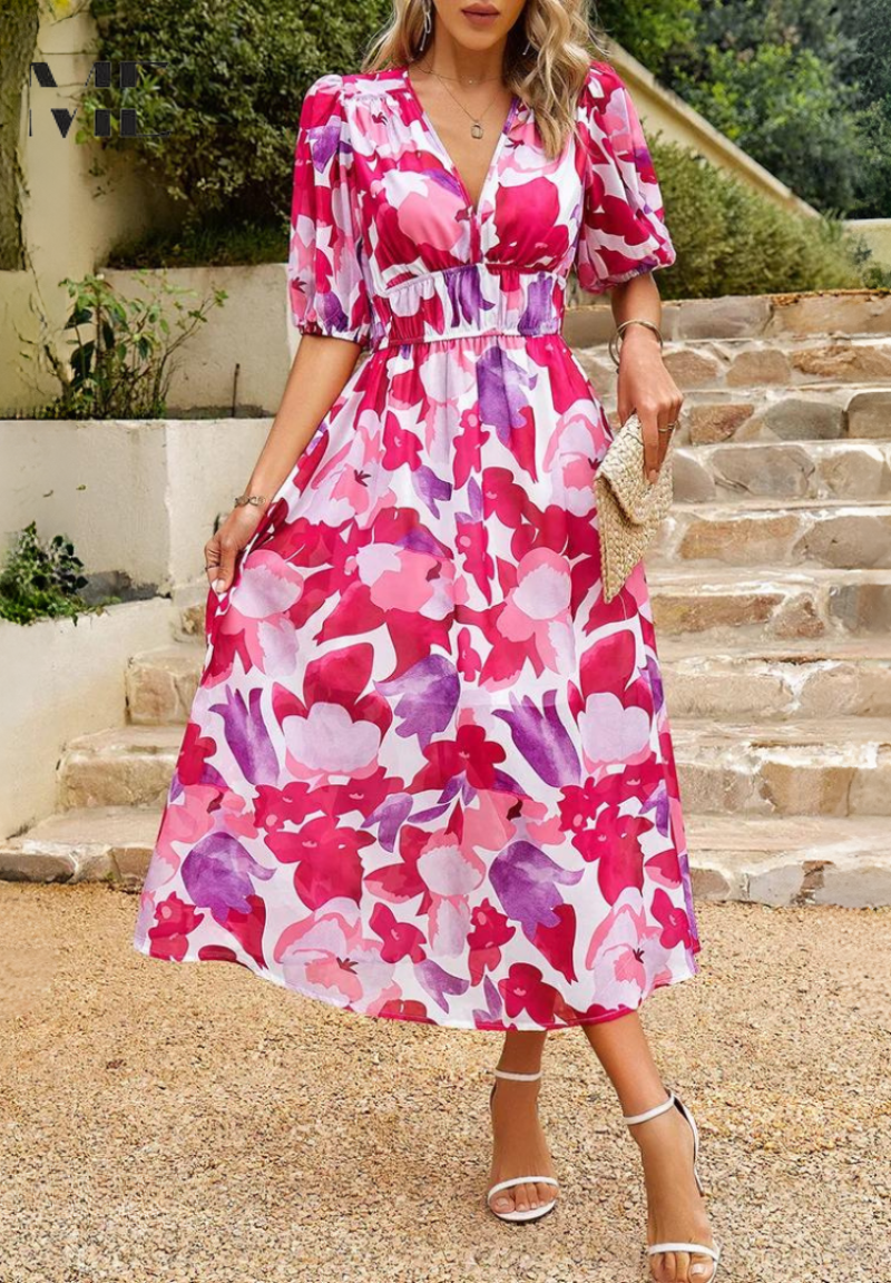 Abito midi da donna con stampa floreale e maniche a sbuffo – Abito casual elegante per occasioni speciali