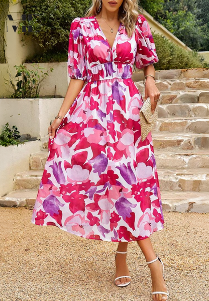 Abito midi da donna con stampa floreale e maniche a sbuffo – Abito casual elegante per occasioni speciali