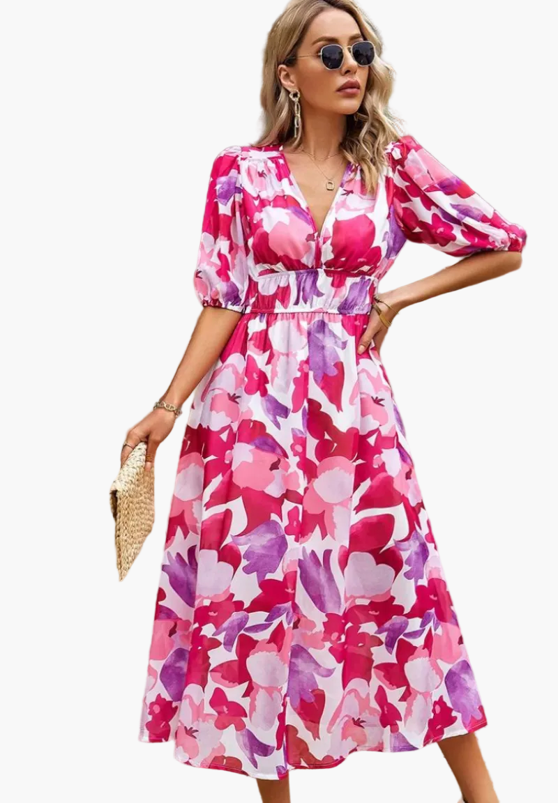 Abito midi da donna con stampa floreale e maniche a sbuffo – Abito casual elegante per occasioni speciali