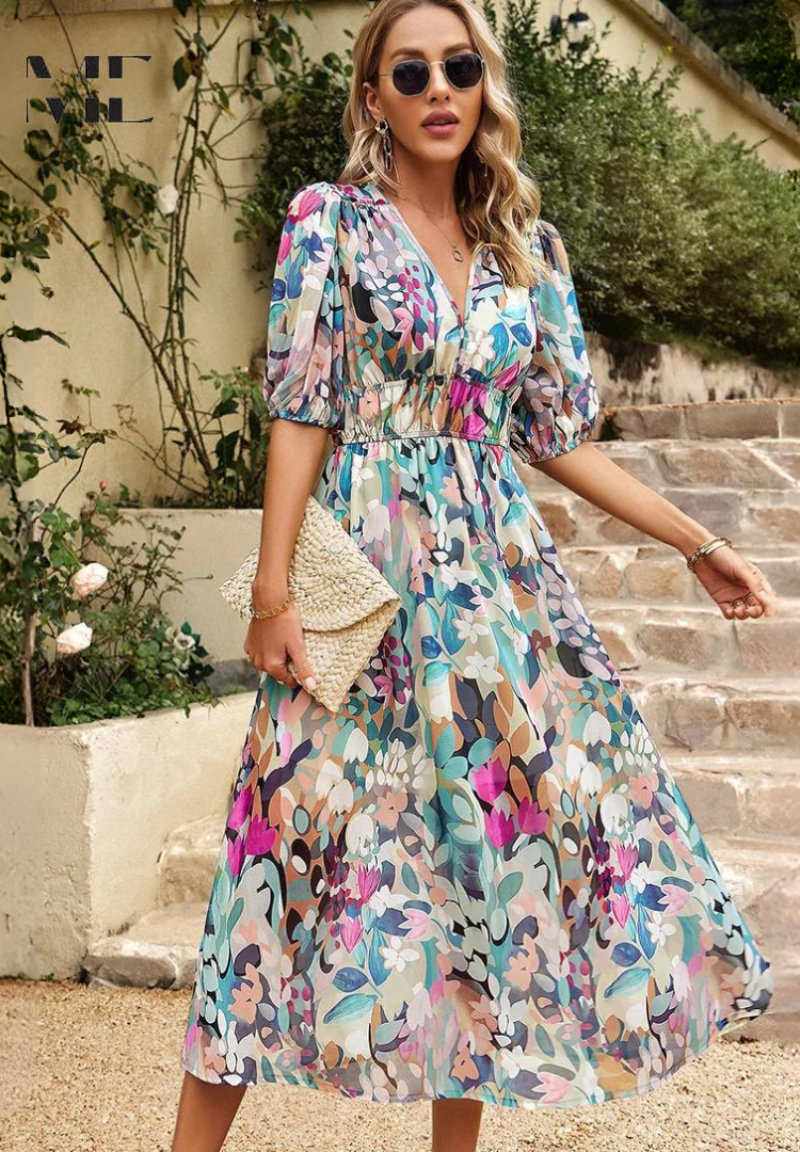 Abito midi da donna con stampa floreale e maniche a sbuffo – Abito casual elegante per occasioni speciali