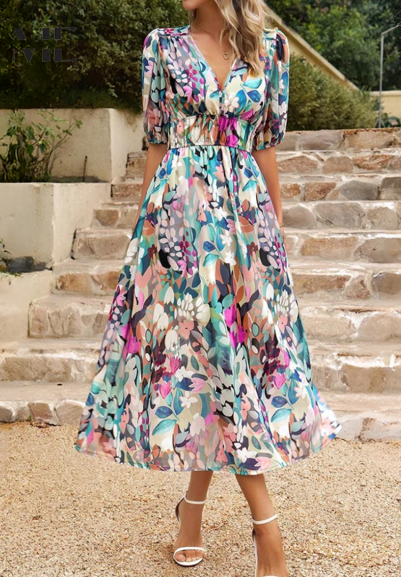 Abito midi da donna con stampa floreale e maniche a sbuffo – Abito casual elegante per occasioni speciali