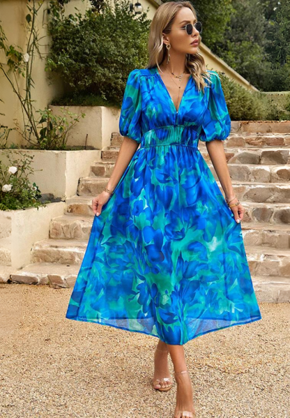 Abito midi da donna con stampa floreale e maniche a sbuffo – Abito casual elegante per occasioni speciali