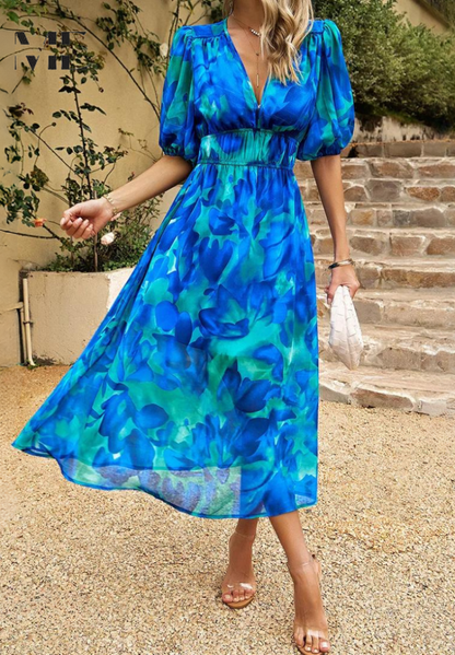 Abito midi da donna con stampa floreale e maniche a sbuffo – Abito casual elegante per occasioni speciali