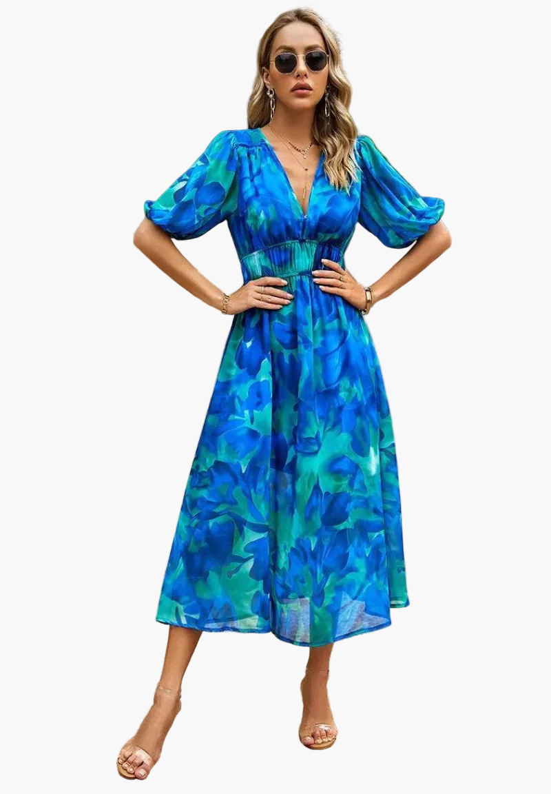 Abito midi da donna con stampa floreale e maniche a sbuffo – Abito casual elegante per occasioni speciali