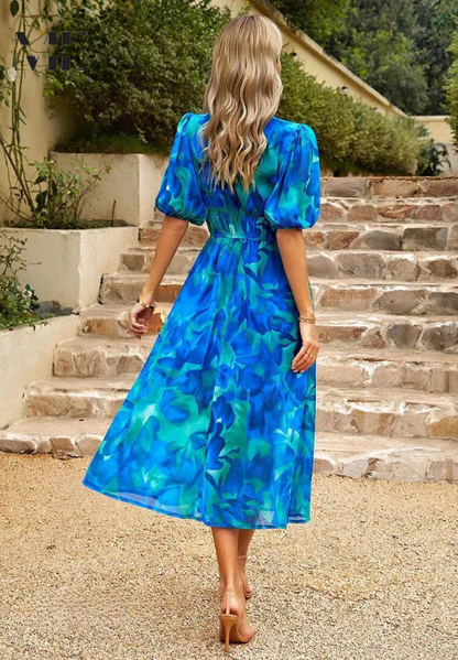 Abito midi da donna con stampa floreale e maniche a sbuffo – Abito casual elegante per occasioni speciali